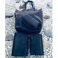 Croco Print Black Leather Handmade Bag