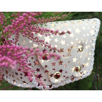 Metallic Gold Stars Printed on White Suede Leather Sunglasses Handsewn Case