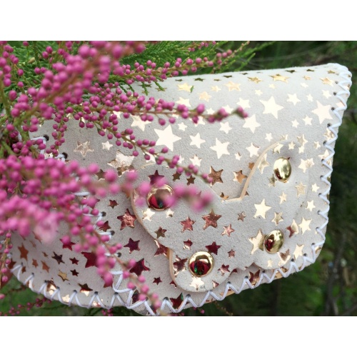 Metallic Gold Stars Printed on White Suede Leather Sunglasses Handsewn Case