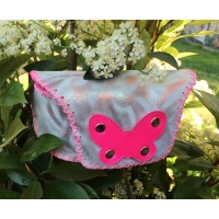 Special Printed Suede Leather Sunglasses Handsewn Case with a hot pink butterfly