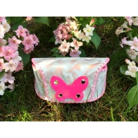 Special Printed Suede Leather Sunglasses Handsewn Case with a hot pink butterfly