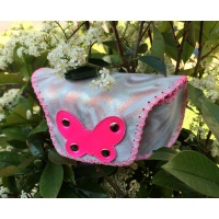 Special Printed Suede Leather Sunglasses Handsewn Case with a hot pink butterfly