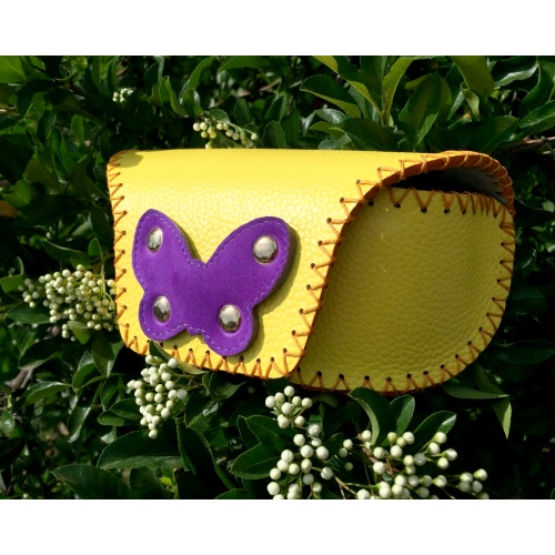 Yellow Leather Sunglasses Handsewn Case with a Purple Camoscio Leather Butterfly