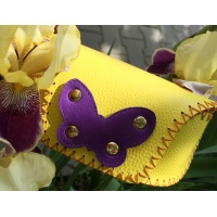 Yellow Leather Sunglasses Handsewn Case with a Purple Camoscio Leather Butterfly