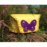 Yellow Leather Sunglasses Handsewn Case with a Purple Camoscio Leather Butterfly
