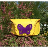 Yellow Leather Sunglasses Handsewn Case with a Purple Camoscio Leather Butterfly