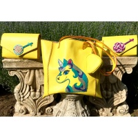 Handmade Yellow Leather Bag with a Purple Handmade Leather Lollypop Carmenittta