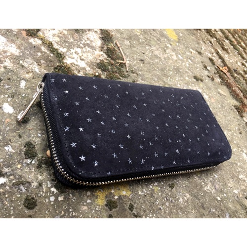 Silver Stars Printed Black Suede Leather Wallet