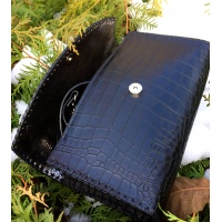 Half Moon Cut Black Croco Print Leather Handsewn Bag