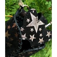 Silver Metallic Stars printed on Suede Black Leather Handsewn Phonecase