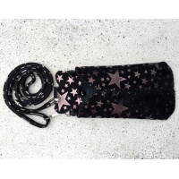 Silver Metallic Stars printed on Suede Black Leather Handsewn Phonecase