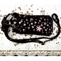 Silver Metallic Stars printed on Suede Black Leather Handsewn Phonecase