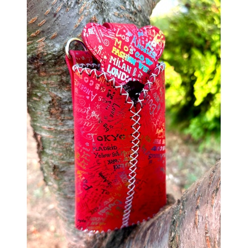 City Break Traveling Printed Red Suede Leather Handsewn Phonecase