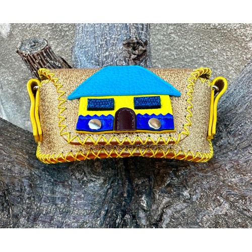 Little Blue Leather House on Sparkling Gold Leather Sunglasses Handsewn Case