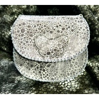 Shiny Ocean Drops on Silver Gray Leather Handsewn Roundbag