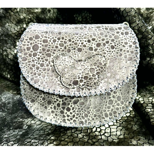 Shiny Ocean Drops on Silver Gray Leather Handsewn Roundbag