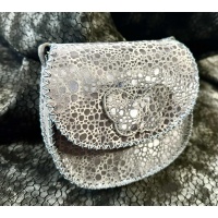 Shiny Ocean Drops on Silver Gray Leather Handsewn Roundbag