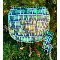 Shiny Croco Printed Green Leather Handsewn Roundbag