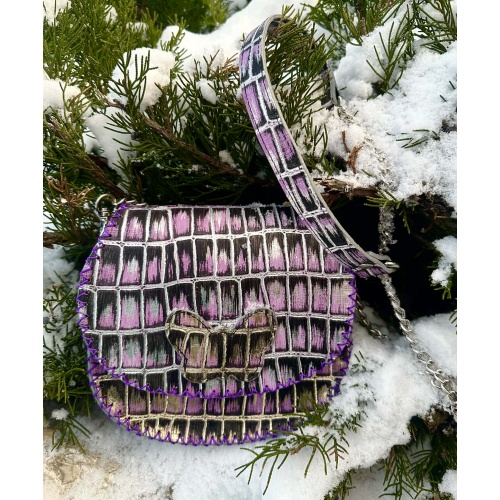 Shiny Croco Printed Purple Leather Handsewn Roundbag
