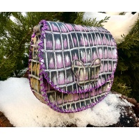 Shiny Croco Printed Purple Leather Handsewn Roundbag Shiny Croco Printed Purple Leather Handsewn Roundbag