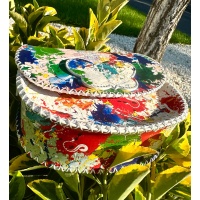 Splashed Paint Printed Leather Handsewn Round Bag