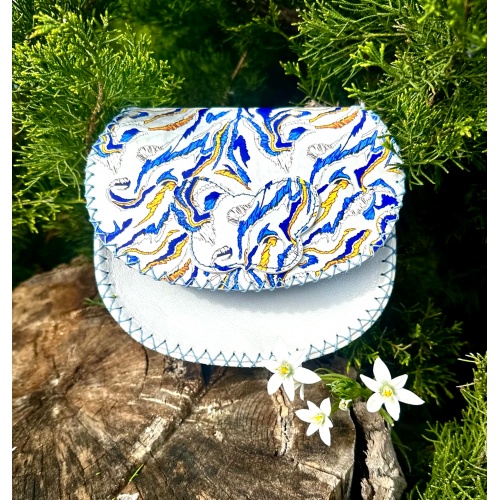 Electric Blue and Gold Marble Fluid Swirls on White Leather Handsewn Round Bag