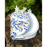 Electric Blue and Gold Marble Fluid Swirls on White Leather Handsewn Round Bag Electric Blue and Gold Marble Fluid Swirls on White Leather Handsewn Round Bag