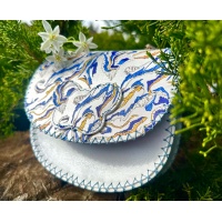 Electric Blue and Gold Marble Fluid Swirls on White Leather Handsewn Round Bag Electric Blue and Gold Marble Fluid Swirls on White Leather Handsewn Round Bag