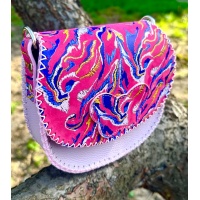 Electric Blue Gold and White Marble Fluid Swirls on Pink and Light Purple Leather Handsewn Bag