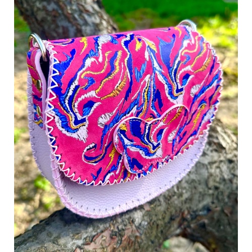Electric Blue Gold and White Marble Fluid Swirls on Pink and Light Purple Leather Handsewn Bag