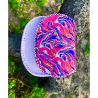 Electric Blue Gold and White Marble Fluid Swirls on Pink and Light Purple Leather Handsewn Bag