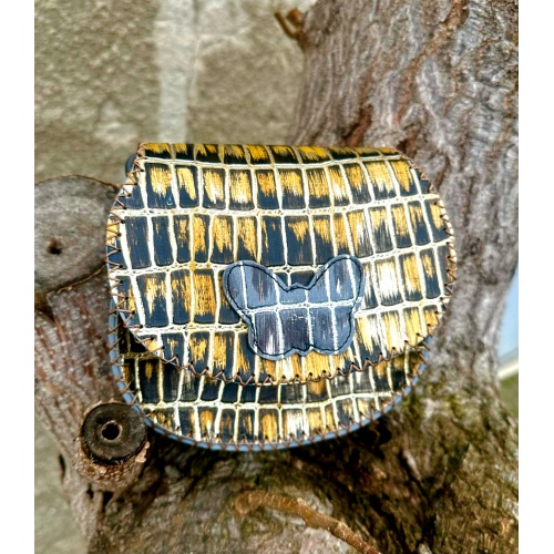 Shiny Croco Printed Gold and Gray Leather Handsewn Roundbag