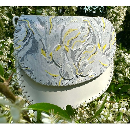 Silver Gray and Gold Marble Fluid Swirls on White Leather Handsewn Round Bag