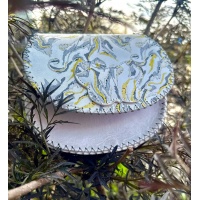 Silver Gray and Gold Marble Fluid Swirls on White Leather Handsewn Round Bag