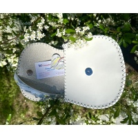 Silver Gray and Gold Marble Fluid Swirls on White Leather Handsewn Round Bag