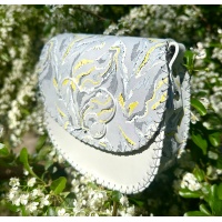 Silver Gray and Gold Marble Fluid Swirls on White Leather Handsewn Round Bag